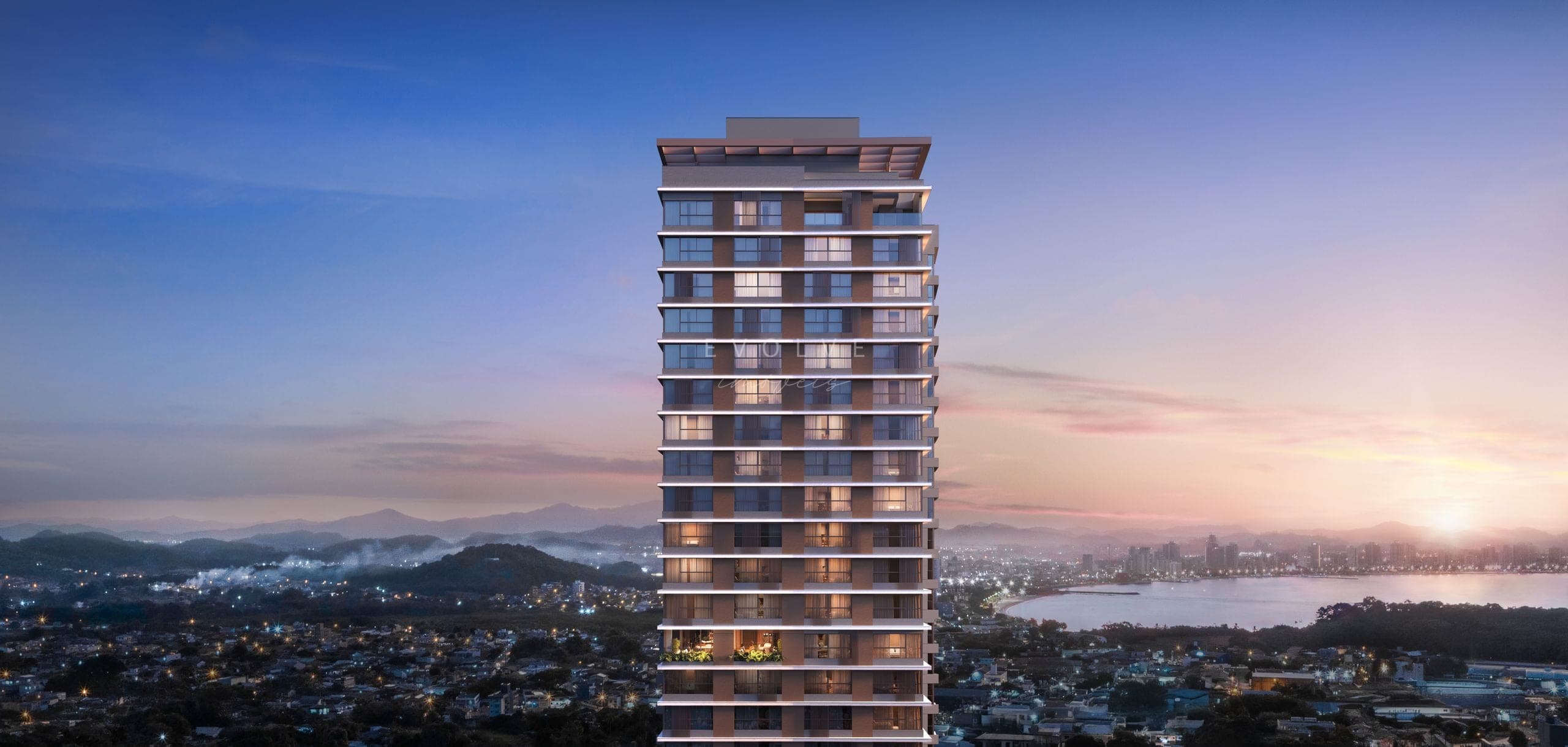 Fachada ao entardecer, com a cidade ao fundo